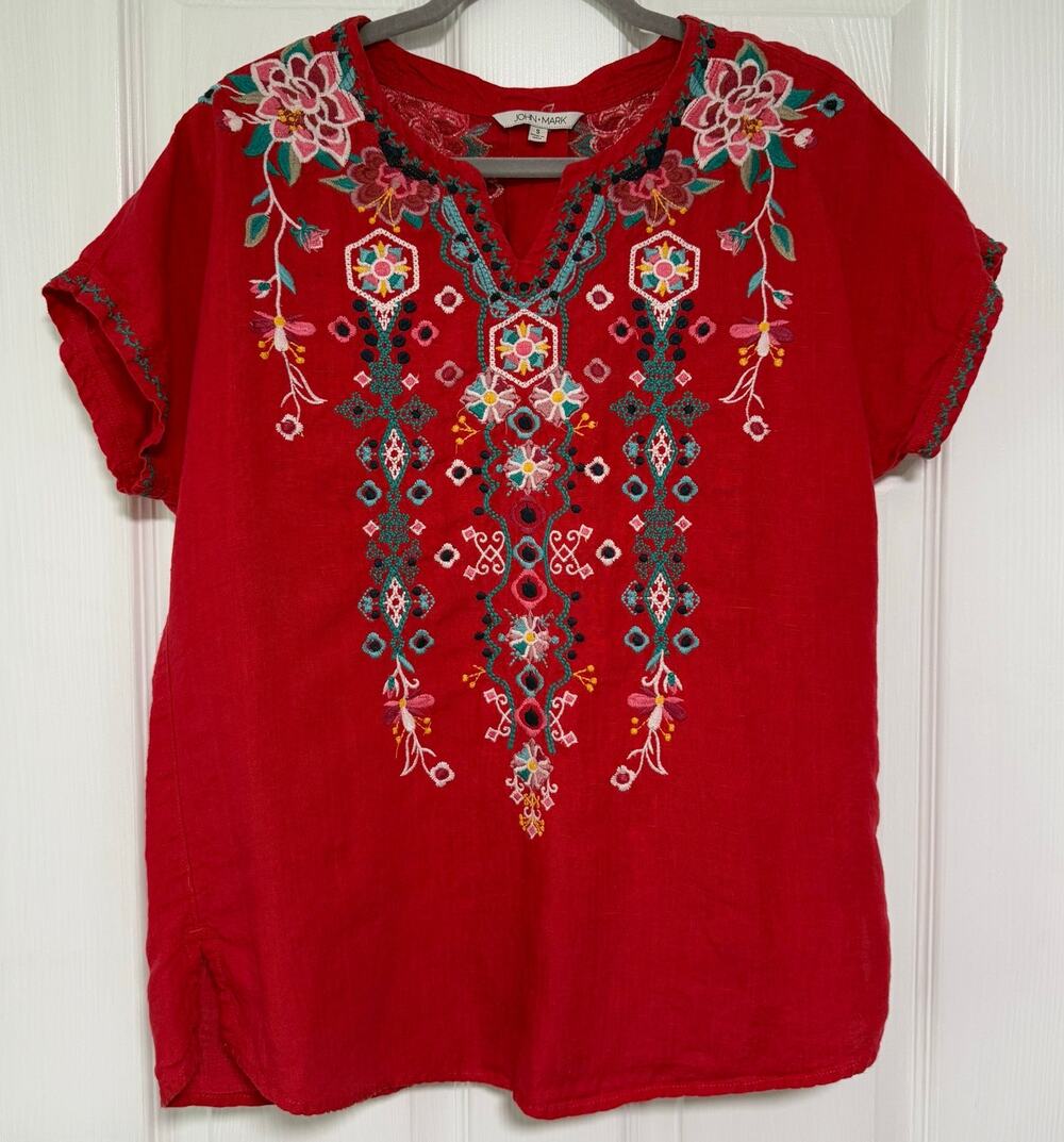 John Mark Women's Red 100%Linen Embroidered Short Sleeve Top Size Small